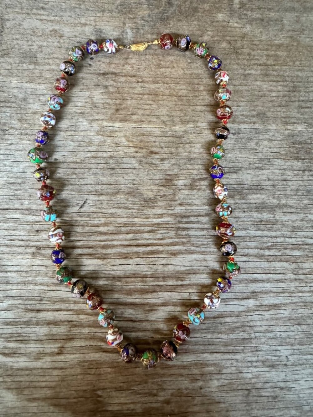 Vintage Venetian Style Wedding Cake Art Glass Bead Necklace Multicolor 26”